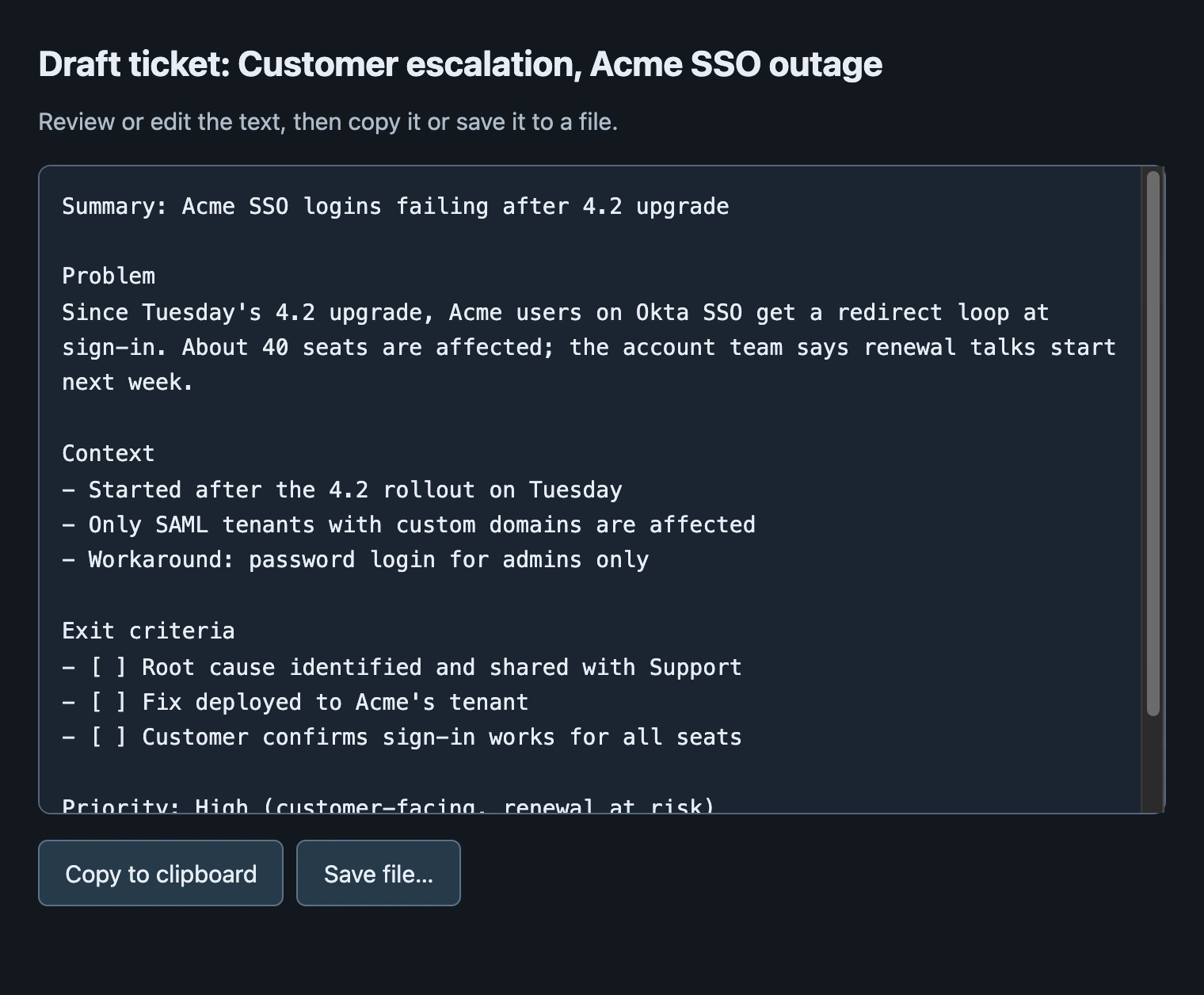 A drafted support ticket in the text window