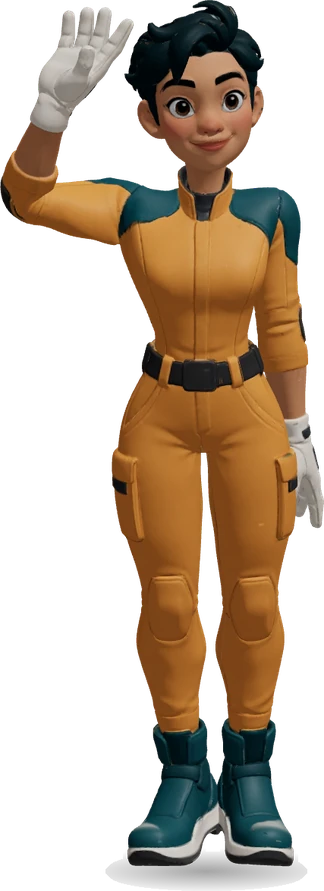 Pip, an explorer in an orange flight suit